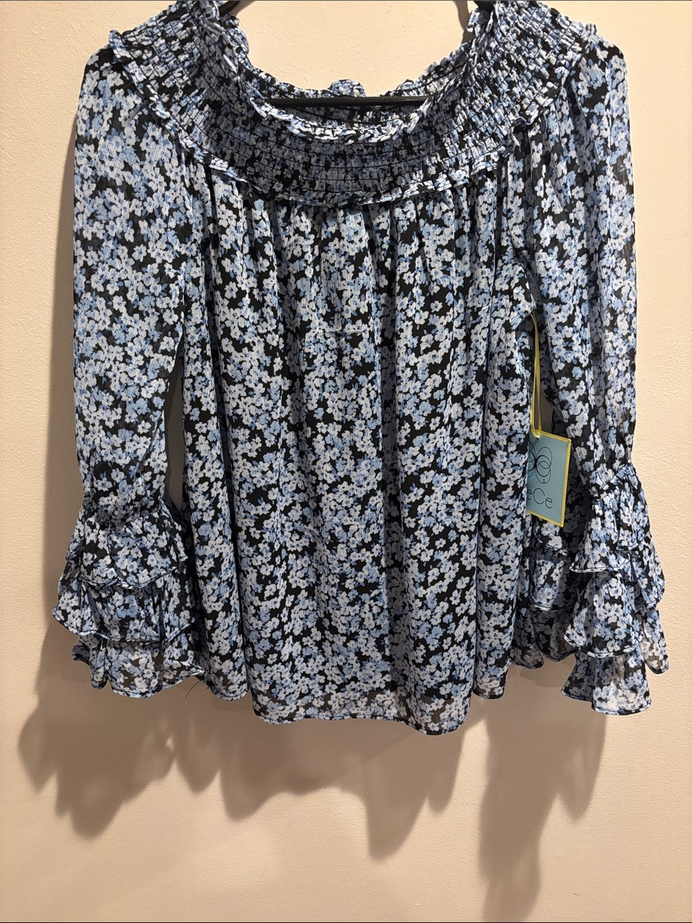CeCe Black Floral Blouse with Light Blue Flowers